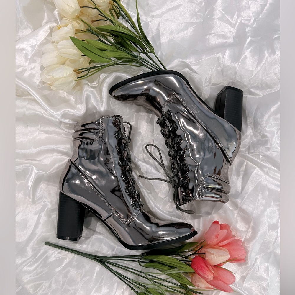 Silver Chrome Lace Up Booties